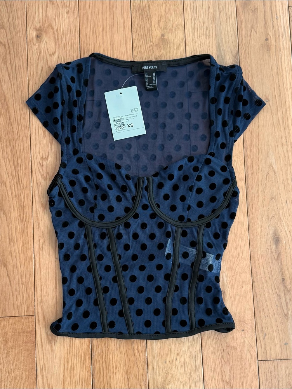 NWT Forever 21 Dark Blue Mesh Corset Top w Polka Dots